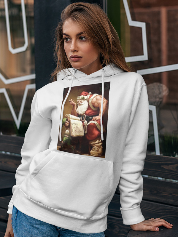 Толстовка жіноча худі з новорічним принтом Bodybuilder Santa (Бодібілдер Санта) - 2101