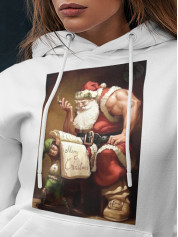 Толстовка жіноча худі з новорічним принтом Bodybuilder Santa (Бодібілдер Санта) - 2101