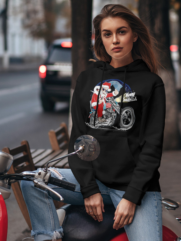 Толстовка жіноча худі з новорічним принтом Santa biker (Санта байкер) - 2110