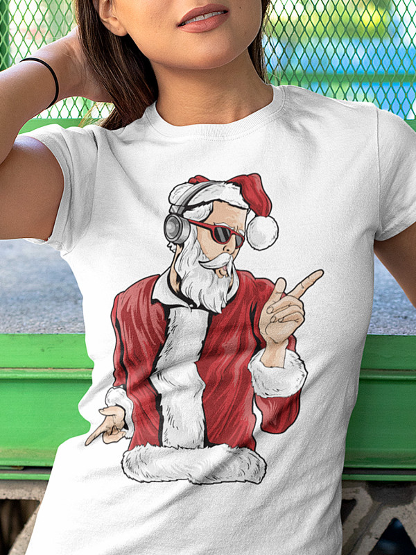 Футболка жіноча з новорічним принтом Santa and music (Санта та музика) (2109)