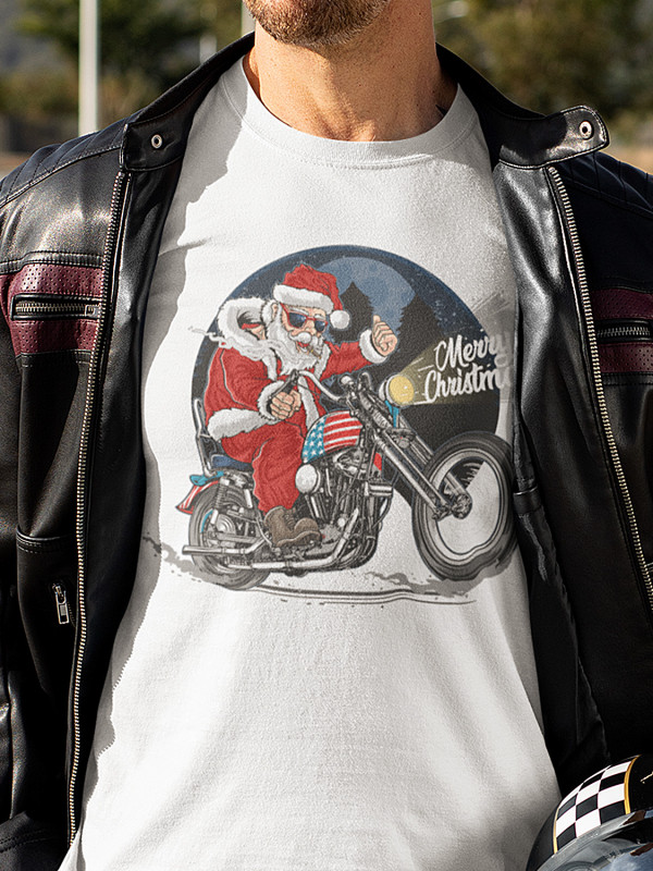 Футболка мужская с новогодним принтом Santa biker (Санта байкер) Merry Christmas (2110)
