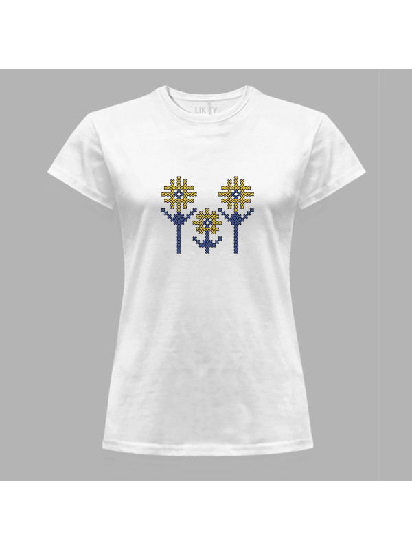 Футболка жіноча з патріотичним принтом "Українські соняхи" (011112)