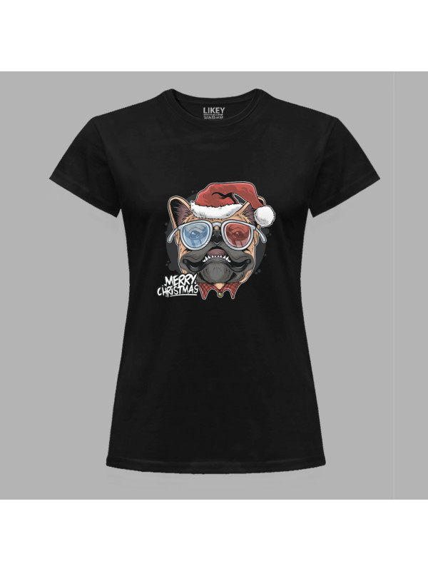 Новорічна футболка жіноча з новорічним принтом "Санта мопс" Merry Christmas (0211309)
