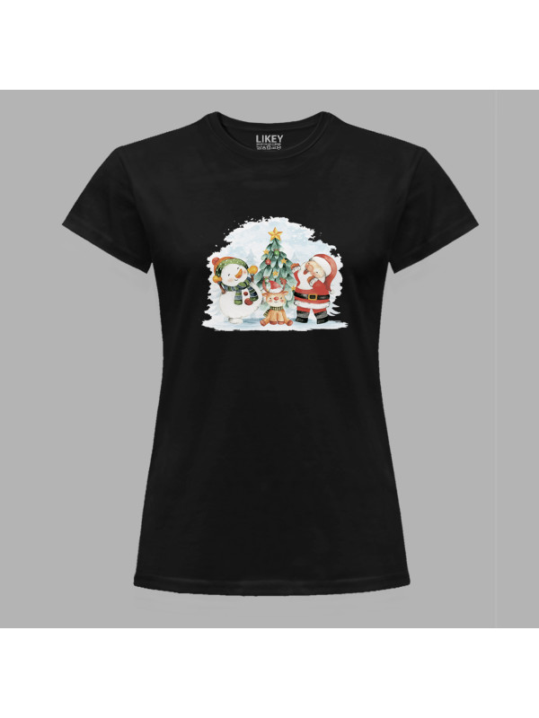Новорічна футболка жіноча з новорічним принтом "Санта, сніговик, олень та ялинка" (0211326)