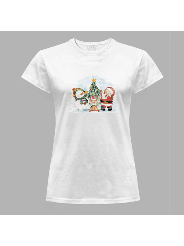 Новорічна футболка жіноча з новорічним принтом "Санта, сніговик, олень та ялинка" (0211326)