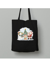 Новогодняя Экосумка шопер из хлопка 38х40см с новогодним принтом "Санта, снеговик, олень и елка" (0211326)