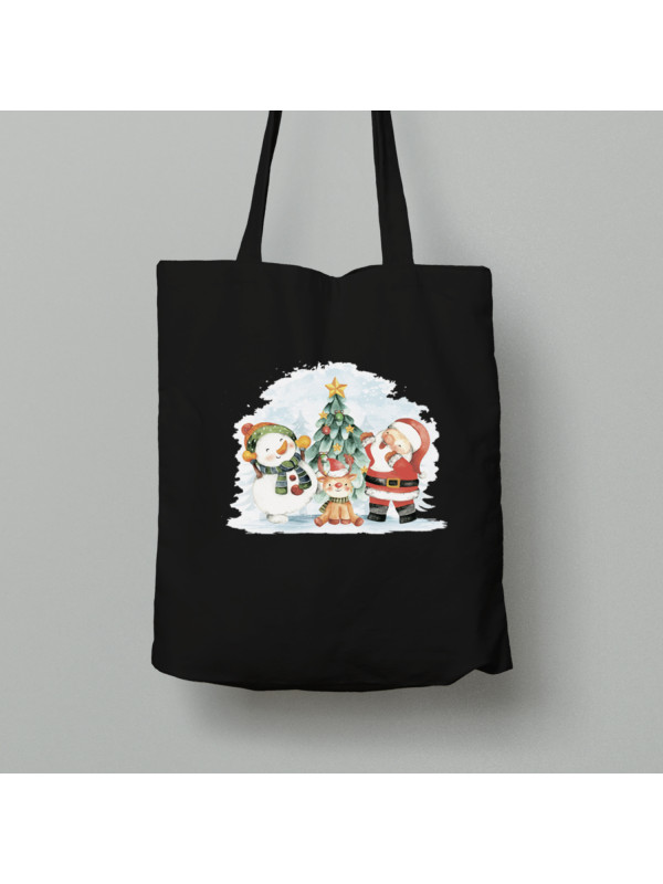 Новогодняя Экосумка шопер из хлопка 38х40см с новогодним принтом "Санта, снеговик, олень и елка" (0211326)