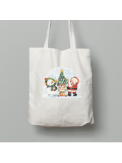 Новогодняя Экосумка шопер из хлопка 38х40см с новогодним принтом "Санта, снеговик, олень и елка" (0211326)
