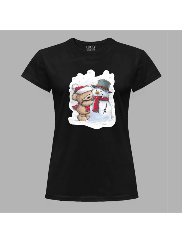 Футболка жіноча з новорічним принтом "Ведмежа та сніговик" (0211340)