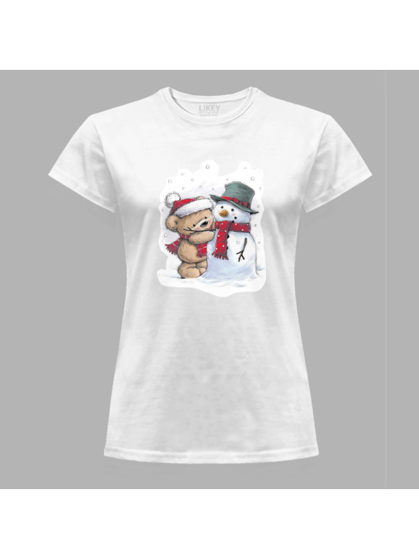 Футболка жіноча з новорічним принтом "Ведмежа та сніговик" (0211340)