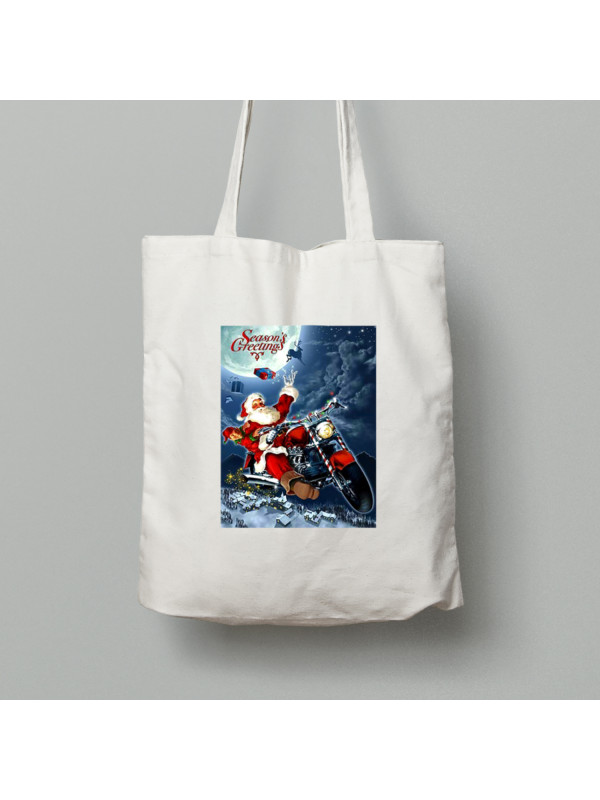 Екосумка шопер на новий рік з бавовни 38х40см з новорічним принтом "Санта байкер у сезон подарунків" Merry Christmas (0211343)