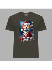 Новорічна футболка чоловіча з принтом "Песик Санти з подарунком" (0211347)