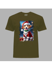 Новорічна футболка чоловіча з принтом "Песик Санти з подарунком" (0211347)