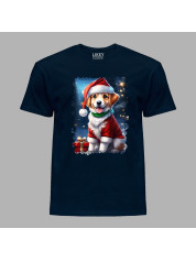 Новорічна футболка чоловіча з принтом "Песик Санти з подарунком" (0211347)