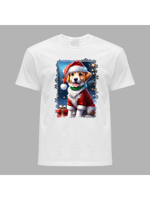 Новорічна футболка чоловіча з принтом "Песик Санти з подарунком" (0211347)