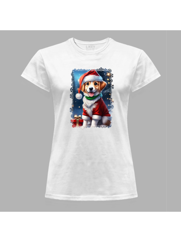 Новорічна футболка жіноча з новорічним принтом "Песик Санти з подарунком" (0211347)