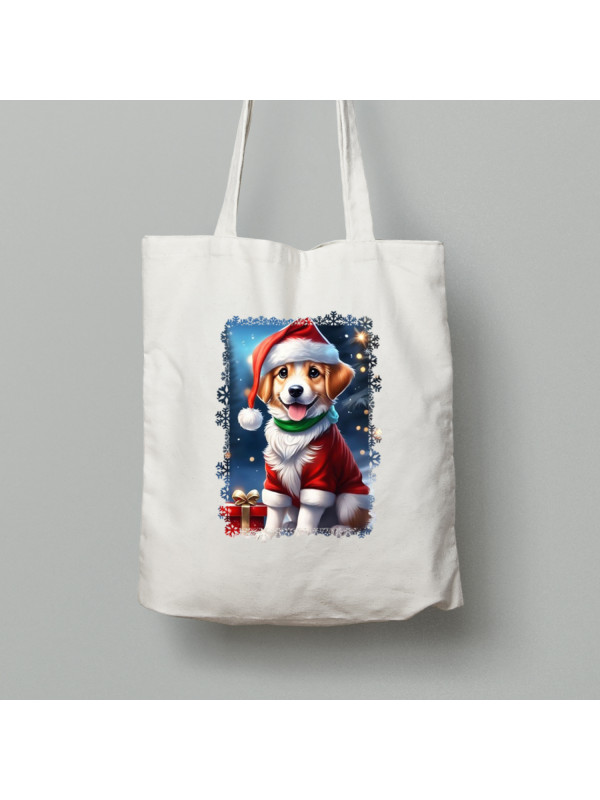 Екосумка новорічний шопер з бавовни 38х40см з новорічним принтом "Песик Санти з подарунком" (0211347)