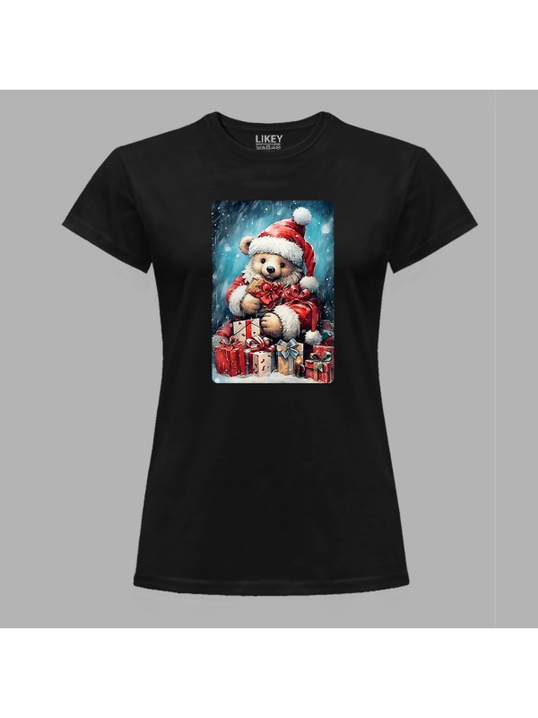 Футболка жіноча з новорічним принтом "Ведмежатко серед подарунків" (0211357)