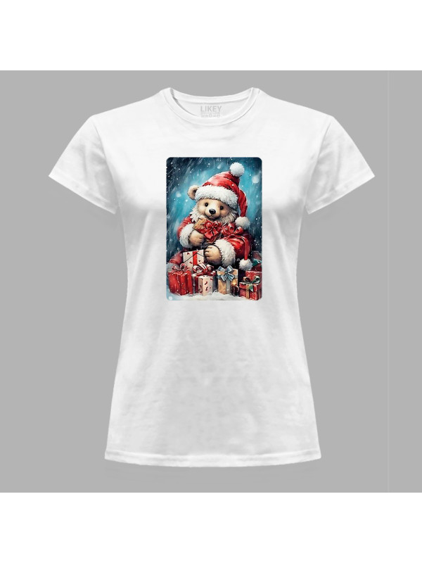 Футболка жіноча з новорічним принтом "Ведмежатко серед подарунків" (0211357)