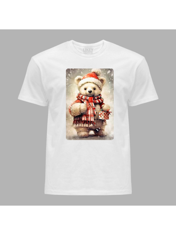 Новорічна футболка чоловіча з принтом "Біле ведмежа із подарунком" (0211358)
