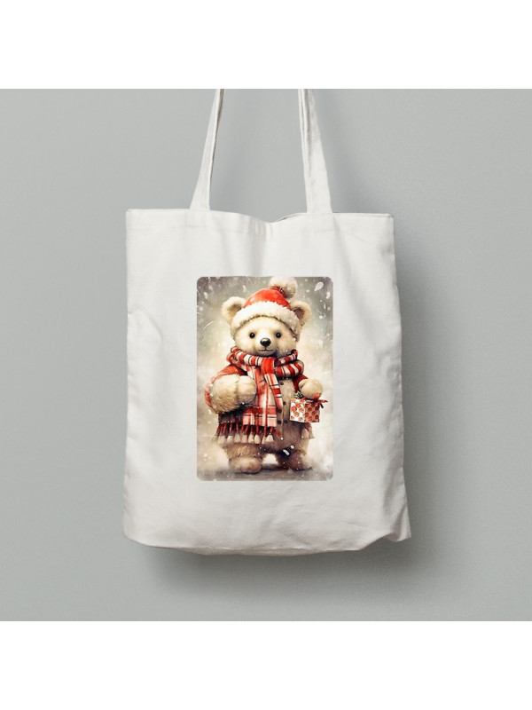 Екосумка шопер з бавовни 38х40см з новорічним принтом "Біле ведмежа із подарунком" (0211358)