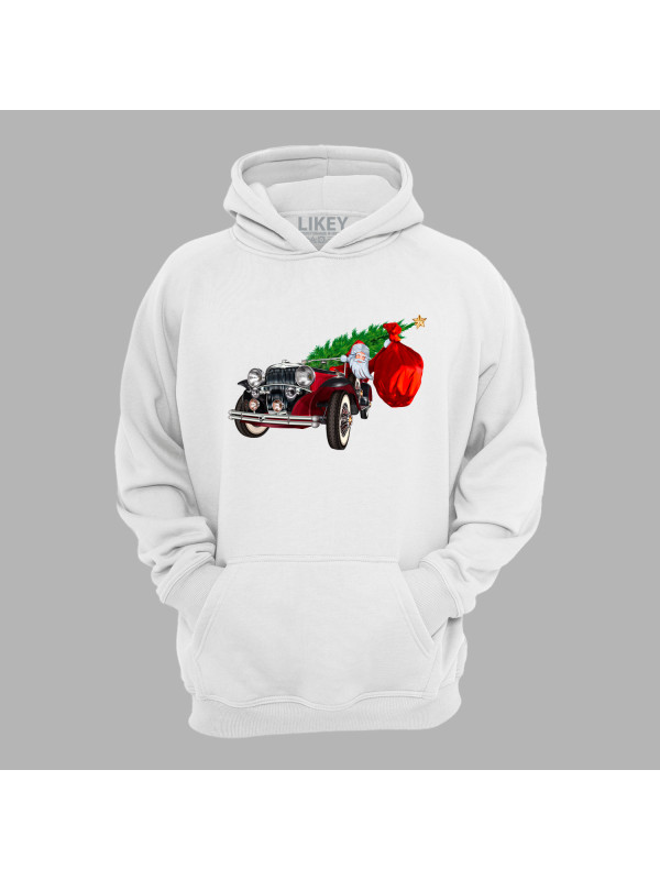 Худі з новорічним принтом "Санта з ялинкою та подарунками на ретромобілі" (24012146)