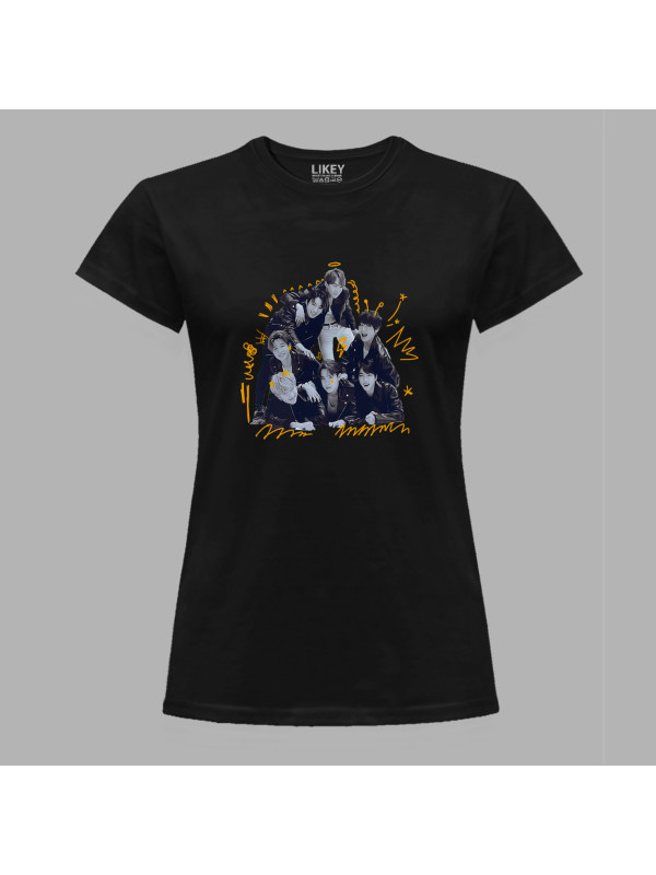Футболка жіноча з музичним принтом "BTS чорно-біло-жовтий" (0442)
