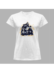 Футболка жіноча з музичним принтом "BTS чорно-біло-жовтий" (0442)