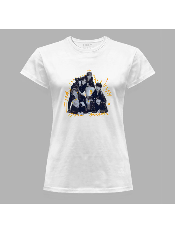 Футболка жіноча з музичним принтом "BTS чорно-біло-жовтий" (0442)