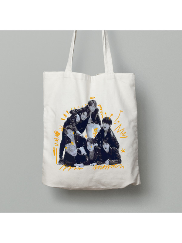 Екосумка шопер з бавовни 38х40см з музичним принтом "BTS чорно-біло-жовтий" (0442)