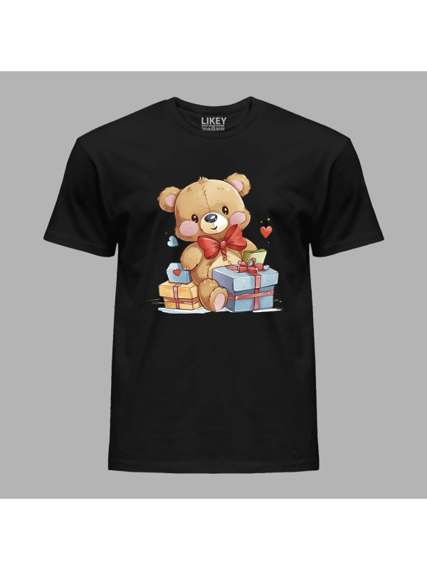 Футболка на день закоханих з романтичним принтом "Ведмежа і подарунки" (1259)