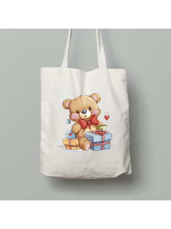 Екосумка шопер з бавовни 38х40см з романтичним принтом "Ведмежа і подарунки" (1259)