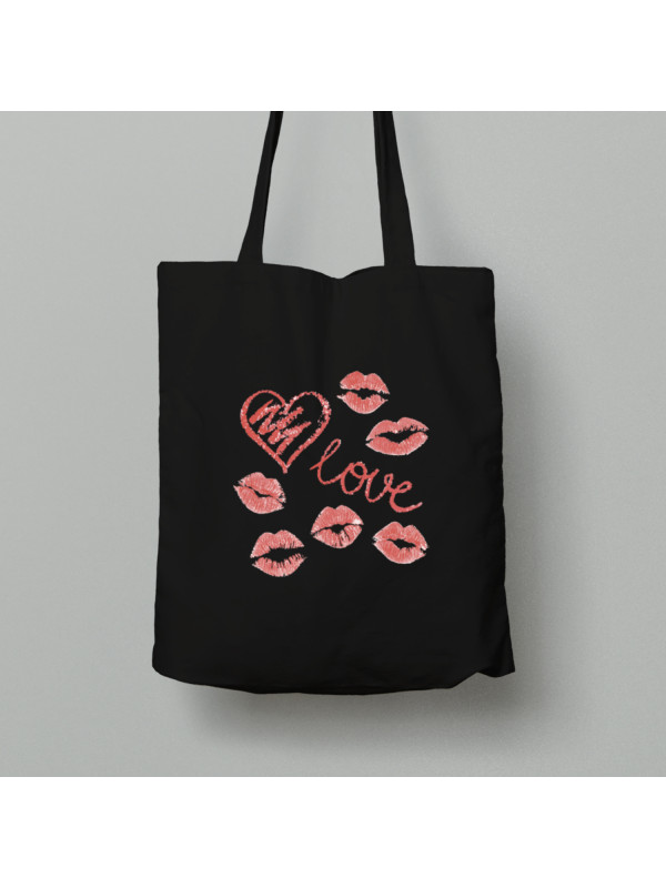Екосумка шопер з бавовни 38х40см з романтичним принтом "Губи, поцілунки, кохання" (1266)