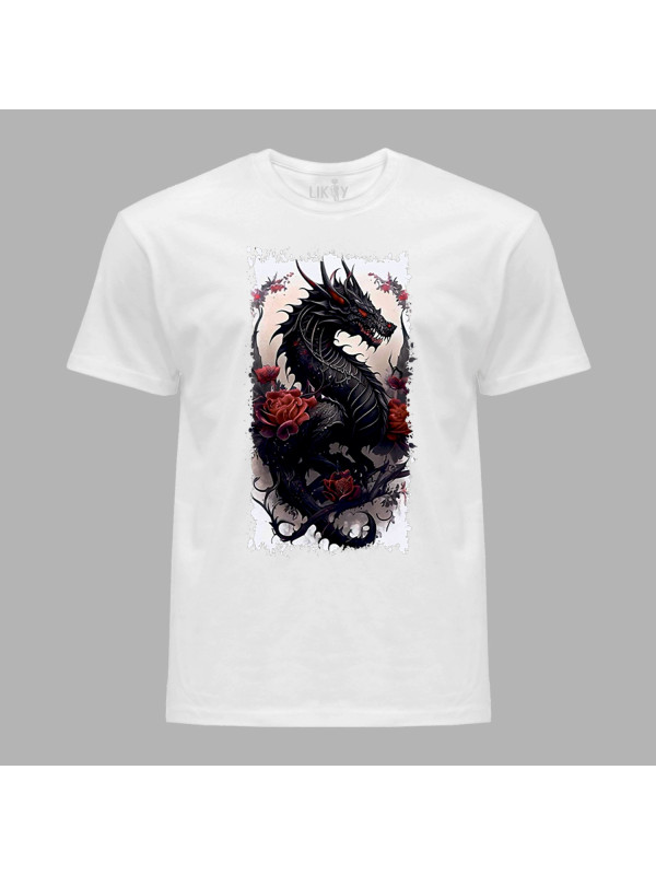 Футболка чоловіча з принтом "Чорний дракон з трояндами" (231002)