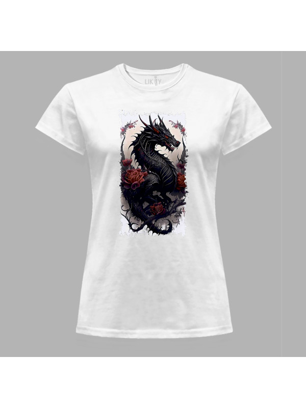 Футболка жіноча з принтом "Чорний дракон з трояндами" (231002)