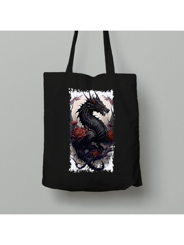 Екосумка шопер з бавовни 38х40см з принтом "Чорний дракон з трояндами" (231002)