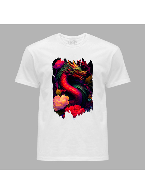 Футболка чоловіча з принтом "Червоний дракон з квітами" (231003)