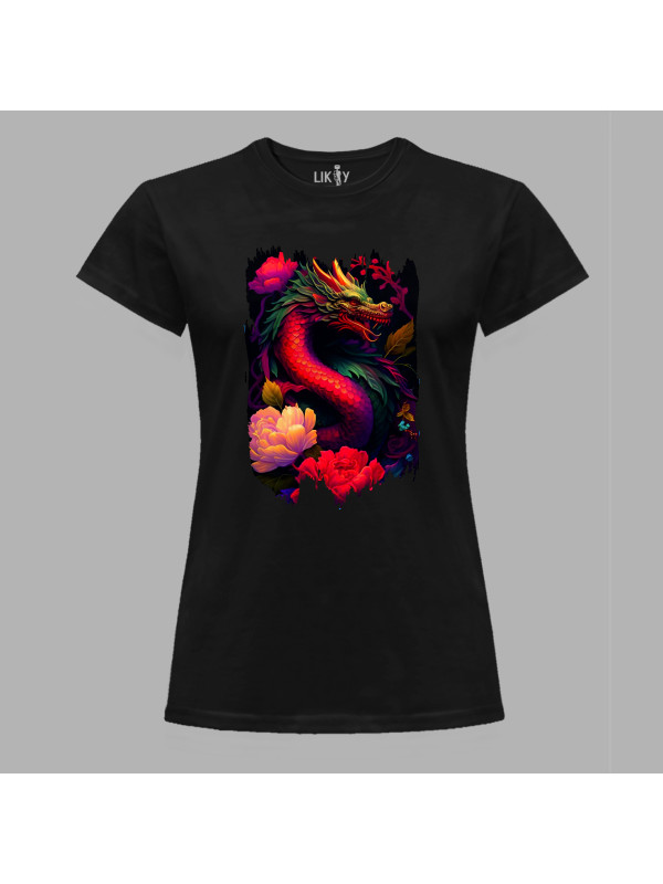 Футболка жіноча з принтом "Червоний дракон з квітами" (231003)