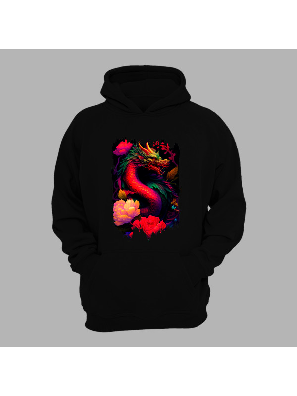 Худи с принтом "Красный дракон с цветами" (231003)