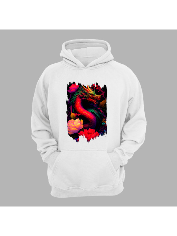 Худи с принтом "Красный дракон с цветами" (231003)