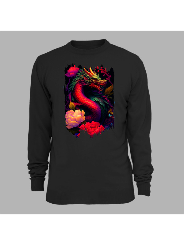 Свитшот с принтом "Красный дракон с цветами" (231003)