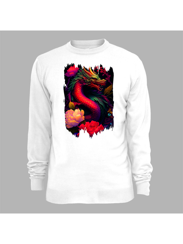 Свитшот с принтом "Красный дракон с цветами" (231003)