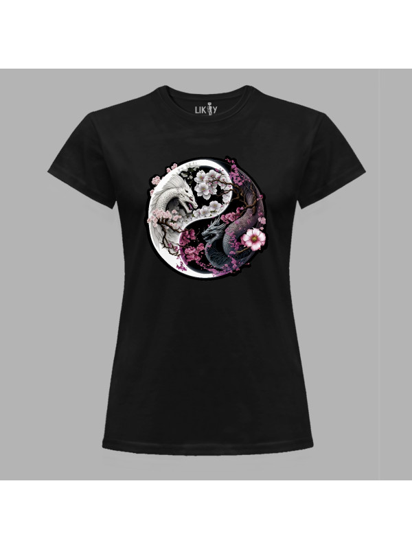 Футболка жіноча з принтом "Чорний та білий дракони - інь та янь" (231007)