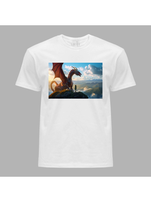 Футболка чоловіча з принтом "Дівчина з драконом на вершині в піднебессі" (231010)