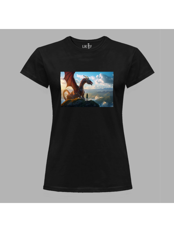 Футболка жіноча з принтом "Дівчина з драконом на вершині в піднебессі" (231010)