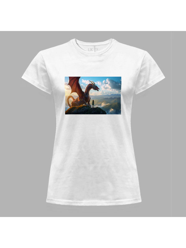 Футболка жіноча з принтом "Дівчина з драконом на вершині в піднебессі" (231010)