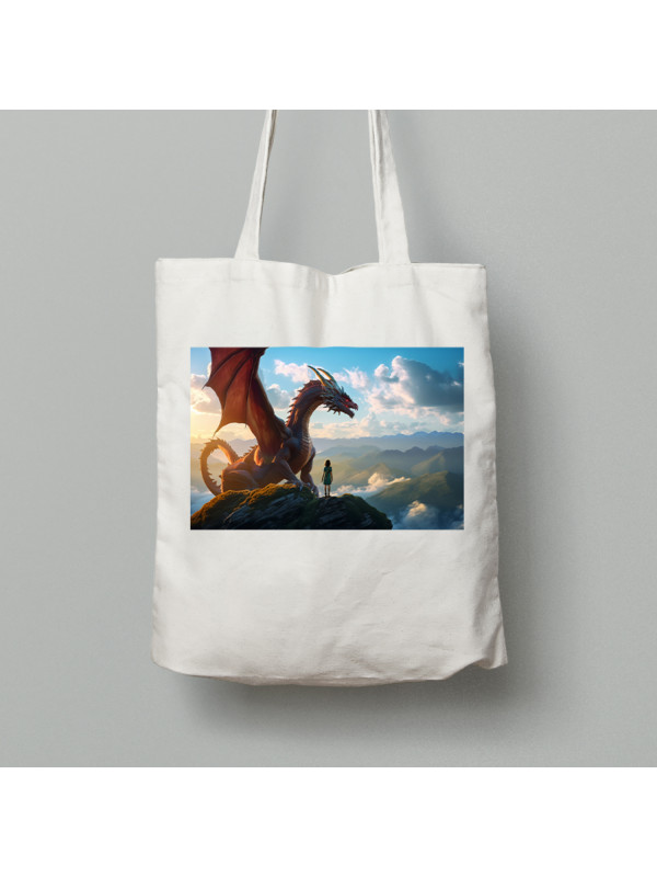 Екосумка шопер з бавовни 38х40см з принтом "Дівчина з драконом на вершині в піднебессі" (231010)