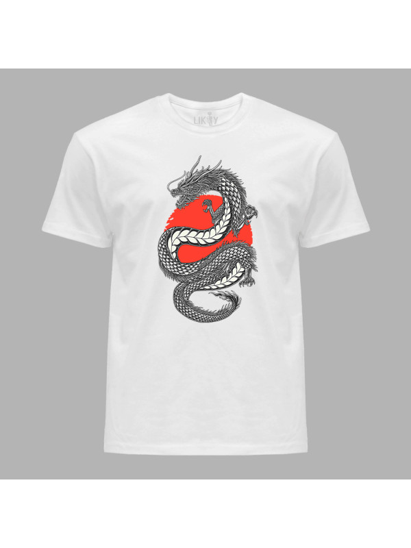 Футболка чоловіча з принтом "Дракон і червоне сонце" (231016)