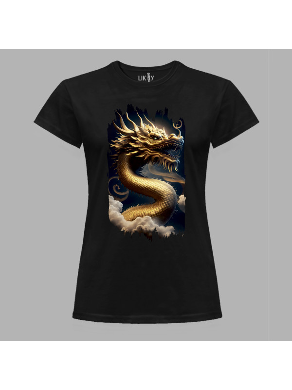 Футболка жіноча з принтом "Золотий дракон у хмарах" (231022)