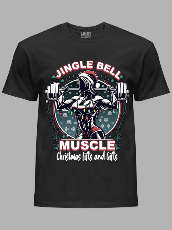 Новорічна футболка чоловіча з принтом "Різдвяні вправи для м'язів та подарунки/Jingle Bell - Muscle Christmas Lifts and Gifts" (24110073)